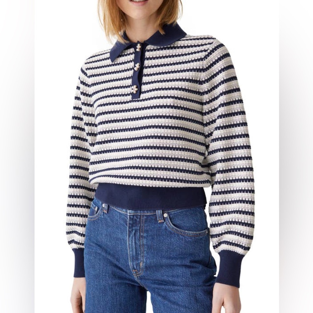 & Other Stories Stripe Flower Button Polo Sweater